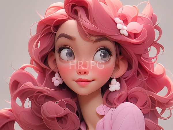 High Resolution: Young cute anime-style girl large expressive gray eyes pink curly hair adorned small pink flowers pink blush her cheeks download. | HRJPG.com