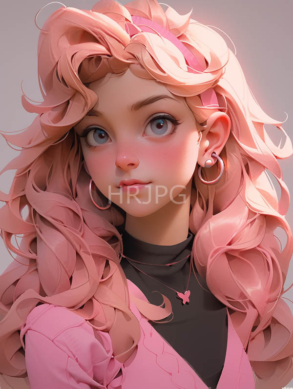 High Resolution: Young woman voluminous wavy pink hair large blue eyes fair skin She wears pink cardigan over black turtleneck silver hoop download. | HRJPG.com