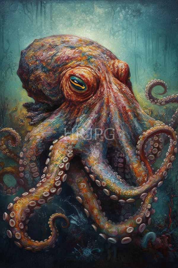 High Resolution: Vivid colorful textured octopus orange red and blue patterns large green eye curled tentacles adorned white suckers download. | HRJPG.com