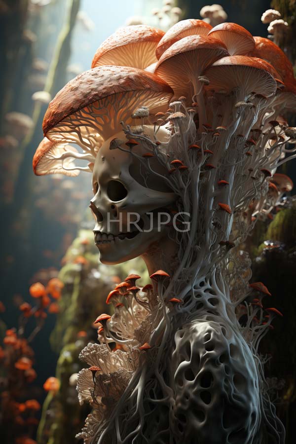 High Resolution: Highly detailed human skull adorned vibrant orange mushrooms skull hollow eye sockets toothy grin surrounded dense cluster mushrooms glistening download. | HRJPG.com