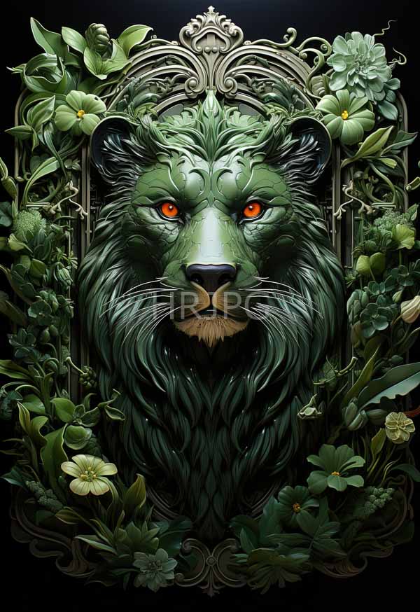 High Resolution: Majestic green-maned lion intense glowing orange eyes framed intricate ornate metalwork lush detailed green foliage download. | HRJPG.com