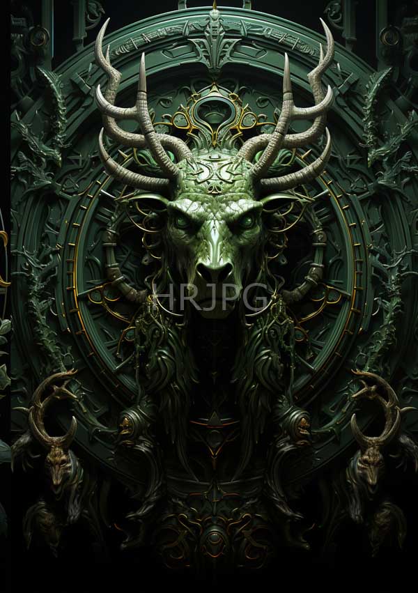 High Resolution: Green horned demonic goat-like creature intricate ornate patterns golden accents creature's intense glowing eyes detailed fur texture centered against download. | HRJPG.com