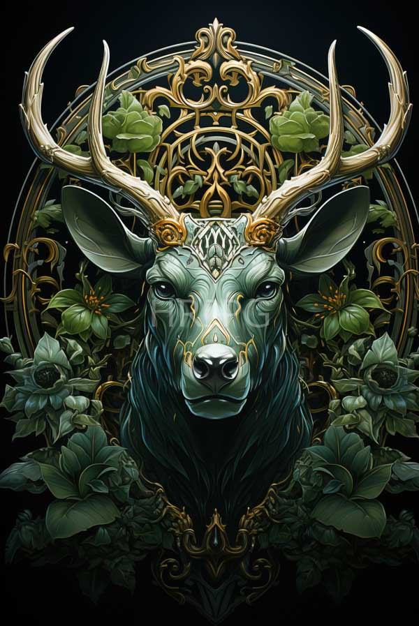 High Resolution: Majestic deer intricate golden antlers set against dark deer's greenish-blue fur detailed textured face surrounded ornate golden floral download. | HRJPG.com