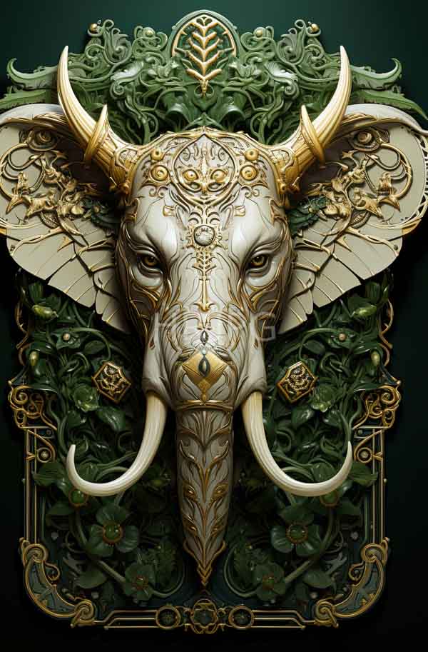 High Resolution: Detailed ornate elephant head golden horns and tusks adorned symmetrical patterns elephant's face pale dark expressive eyes set against download. | HRJPG.com