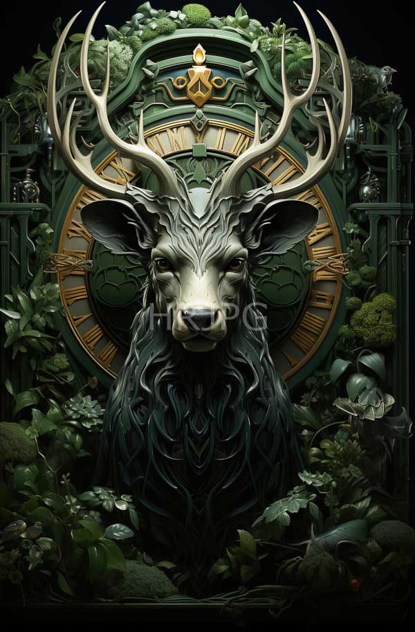 High Resolution: Majestic anthropomorphic deer large intricate antlers set against lush green clock-like deer's fur dark and textured serene expression download. | HRJPG.com