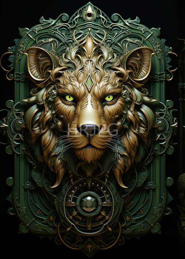 High Resolution: Detailed ornate lion's head golden-brown fur piercing green eyes set against intricate dark green Victorian-style metal frame download. | HRJPG.com