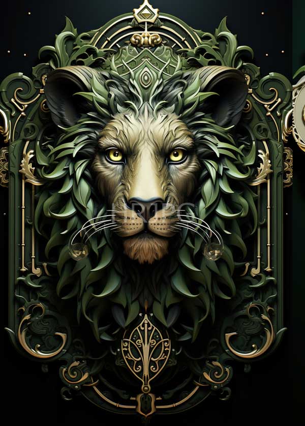 High Resolution: Realistic lion's face intricately detailed green and brown fur surrounded ornate gold and green leafy patterns lion's intense yellow download. | HRJPG.com
