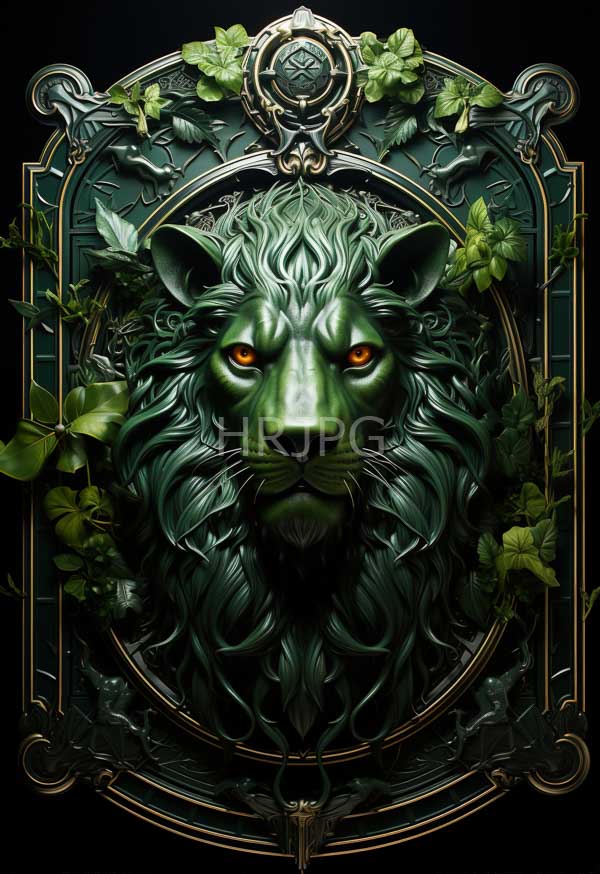 High Resolution: Detailed green metallic lion's head intense glowing orange eyes framed intricate ornate gold patterns surrounded lush green vines download. | HRJPG.com