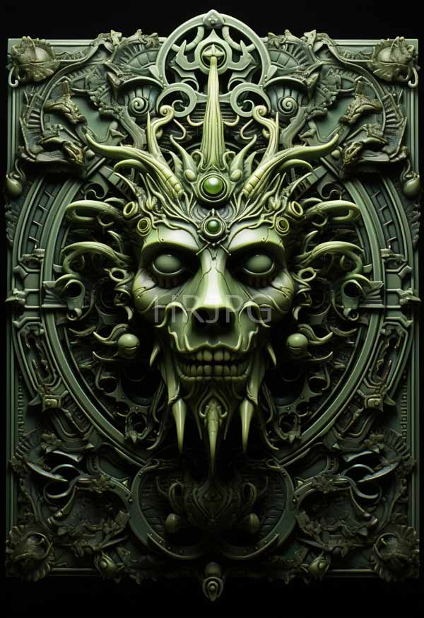 High Resolution: Highly detailed intricately carved dark green metallic mask featuring fierce skeletal face prominent fangs pointed nose and hollow eyes download. | HRJPG.com
