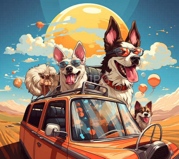 High Resolution: Four happy dogs orange vintage SUV sunlit desert dogs including poodle two border collies smaller dog wear sunglasses download. | HRJPG.com