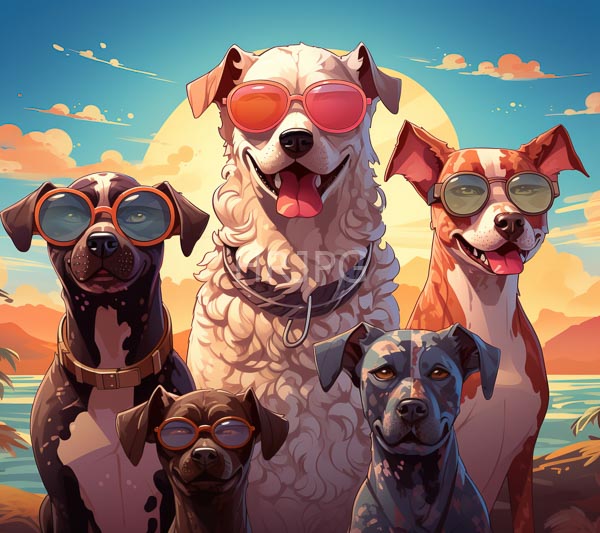 High Resolution: Six dogs sunglasses standing front sunset large sun and orange clouds dogs from left right include black and white download. | HRJPG.com