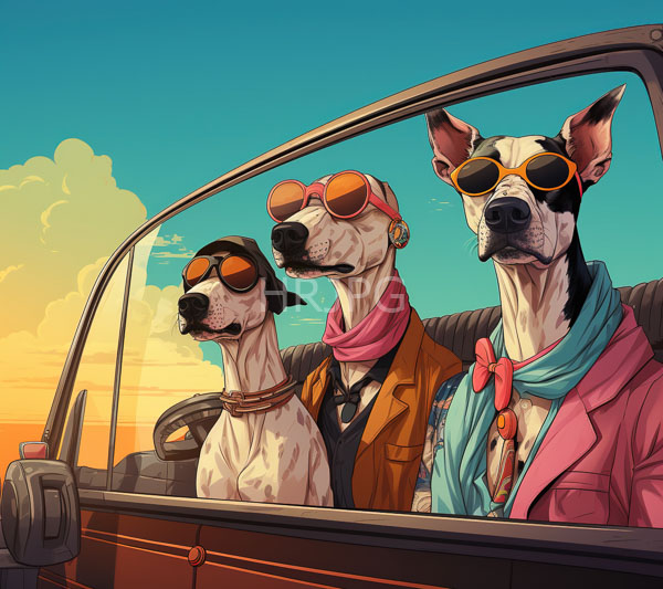 High Resolution: Three anthropomorphic dogs vintage convertible left dog wears black cap orange sunglasses middle dog sports pink scarf orange aviator download. | HRJPG.com