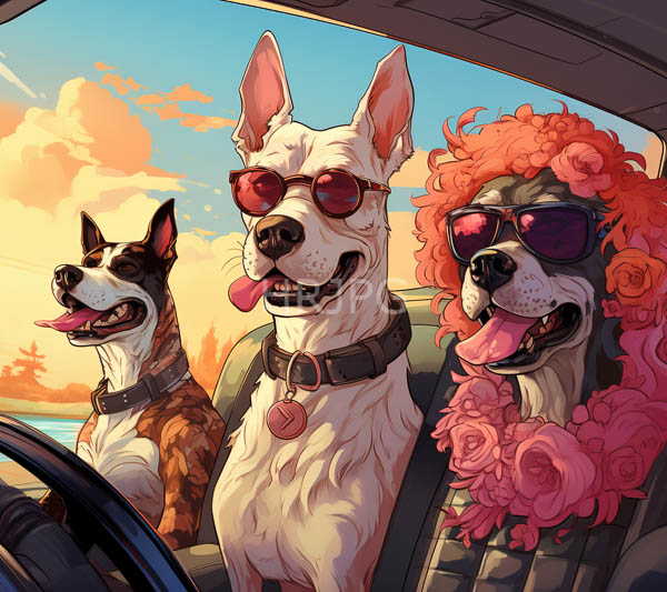 High Resolution: Three dogs car sunset central white dog red sunglasses pink collar tongue-lolls flanked brindle dog pink tongue black-and-white dog download. | HRJPG.com