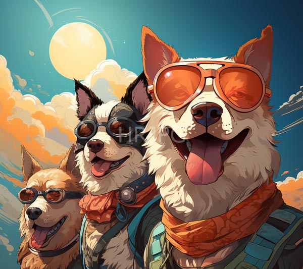 High Resolution: Three anthropomorphic dogs vibrant expressions wearing orange aviator goggles matching scarves central dog white and black fur large joyful download. | HRJPG.com