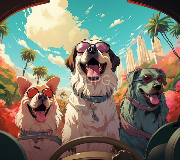 High Resolution: Three happy dogs car viewed from driver's seat central dog large white and brown Saint Bernard sunglasses and collar flanked download. | HRJPG.com