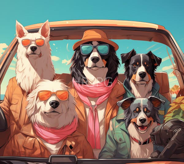 High Resolution: Six anthropomorphic dogs vintage car wearing sunglasses and colorful outfits central dog black and white fur wears brown hat download. | HRJPG.com
