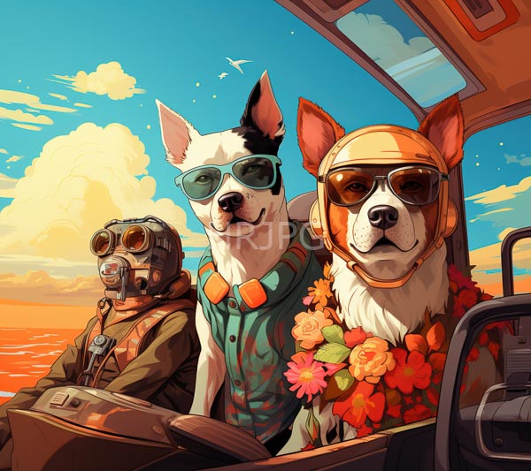 High Resolution: Three anthropomorphic dogs boat left dog wears gas mask brown jacket middle dog sports turquoise sunglasses green floral shirt download. | HRJPG.com