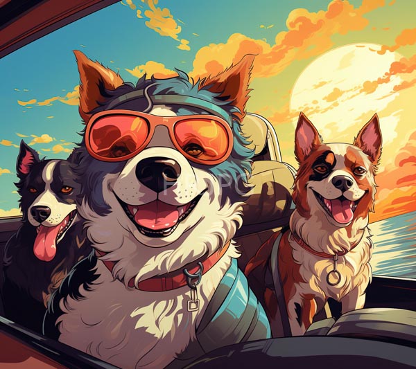 High Resolution: Three happy dogs car during sunset central dog blue and white fur wears orange sunglasses blue headband smiling widely download. | HRJPG.com