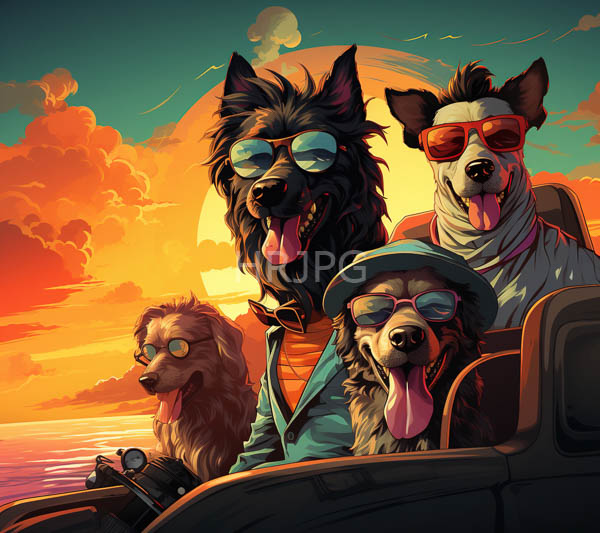 High Resolution: Four anthropomorphic dogs car during vibrant sunset dogs varied fur colors and styles wear sunglasses and casual clothing download. | HRJPG.com