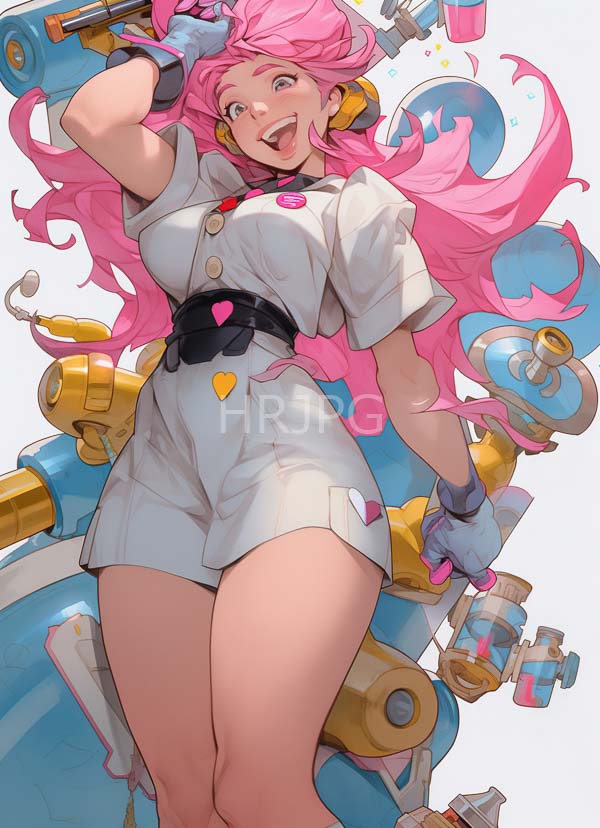 High Resolution: Anime-style cheerful pink-haired woman large eyes wearing white short-sleeved button-up jumpsuit heart-shaped accents black belt download. | HRJPG.com