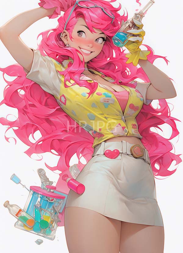 High Resolution: Anime-style cheerful pink-haired woman voluminous curls wearing yellow heart-patterned vest white short-sleeve shirt white mini-skirt heart-shaped belt buckle download. | HRJPG.com