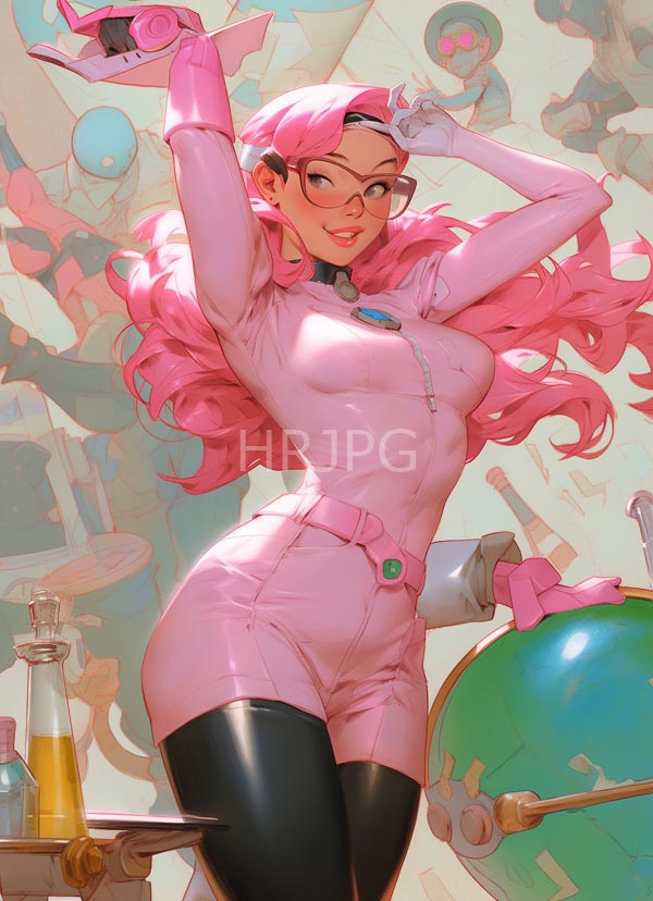 High Resolution: Curvy pink-haired woman glasses wearing tight pink long-sleeve jumpsuit black thigh-high stockings poses confidently arms raised one hand download. | HRJPG.com