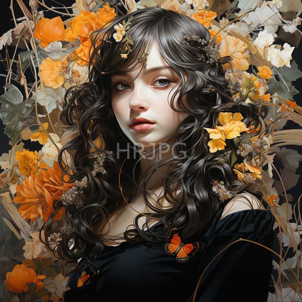 High Resolution: Young woman fair skin wavy dark brown hair adorned orange flowers and butterflies She has large expressive brown eyes and download. | HRJPG.com