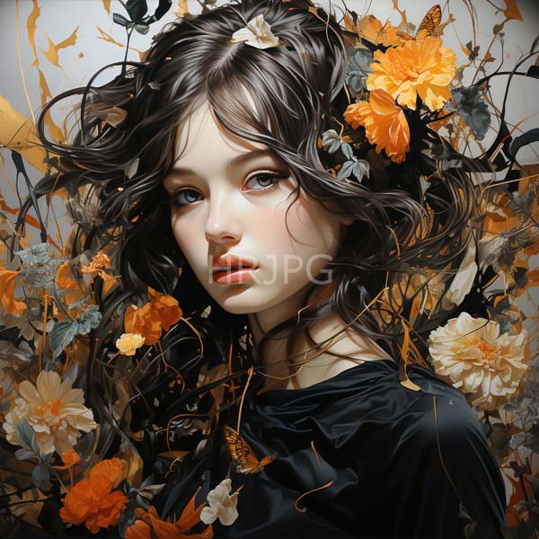 High Resolution: Young fair-skinned woman soft wavy brown hair adorned orange and white flowers She has large expressive blue eyes pink lips download. | HRJPG.com