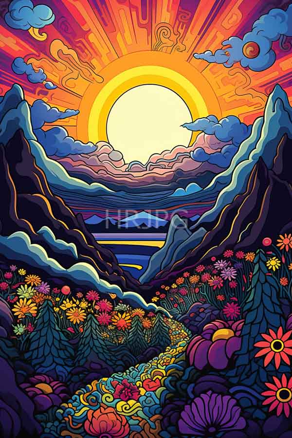 High Resolution: Vibrant surreal sunset over mountainous landscape large glowing sun set radiant orange and yellow sky surrounded blue and purple download. | HRJPG.com