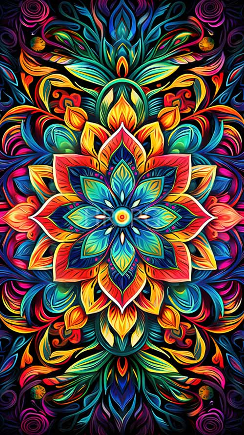 High Resolution: Vibrant symmetrical mandala featuring central multi-layered flower pattern design uses vivid colors including red orange yellow green blue and download. | HRJPG.com