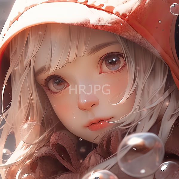 High Resolution: Young anime-style girl large expressive gray eyes pale skin white hair She wears red hooded cloak soft pinkish light download. | HRJPG.com