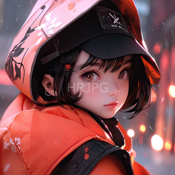 High Resolution: Anime-style young woman fair skin large brown eyes short black hair wearing black and orange floral-patterned hooded jacket and black download. | HRJPG.com