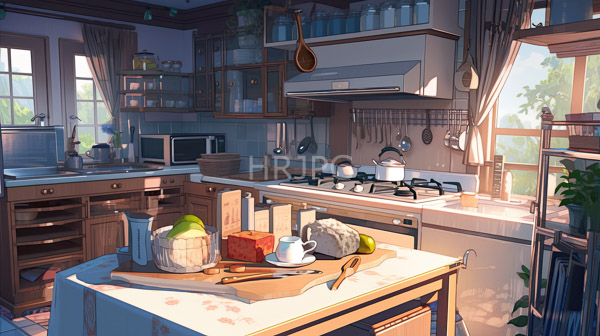 High Resolution: Sunlit cozy kitchen wooden cabinets white countertops central island island holds cutting board vegetables white teacup and utensils download. | HRJPG.com