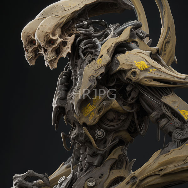 High Resolution: Biomechanical creature skeletal humanoid head intricate dark mechanical body creature has yellow rectangular markings its beige armor-like segments download. | HRJPG.com