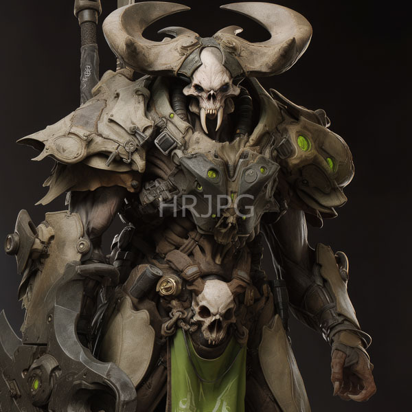 High Resolution: Menacing armored warrior skull-like helmet featuring large curved horns warrior's armor heavily detailed green glowing accents and multiple skulls download. | HRJPG.com