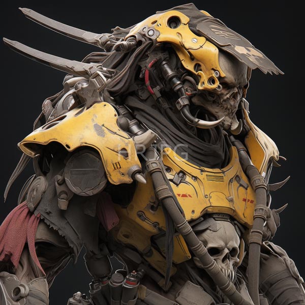 High Resolution: Heavily armored futuristic warrior skeletal face yellow weathered armor multiple mechanical appendages character has dark tangled hair red and black download. | HRJPG.com