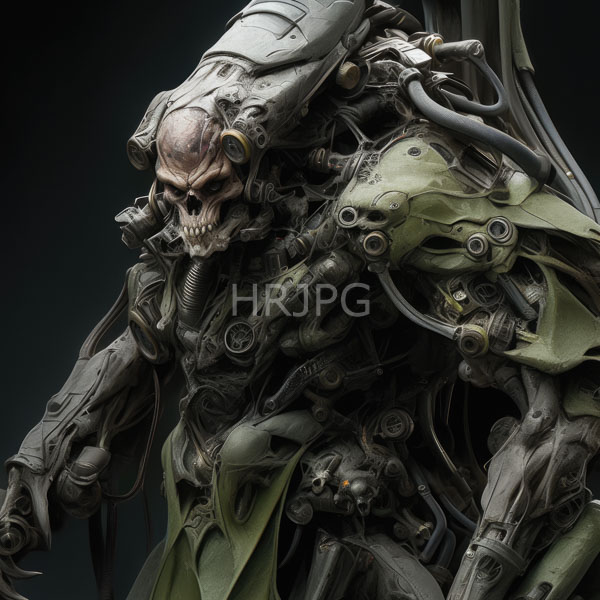 High Resolution: Humanoid cyborg skeletal human-like skull cyborg adorned intricate mechanical armor shades green and gray featuring numerous tubes wires and download. | HRJPG.com