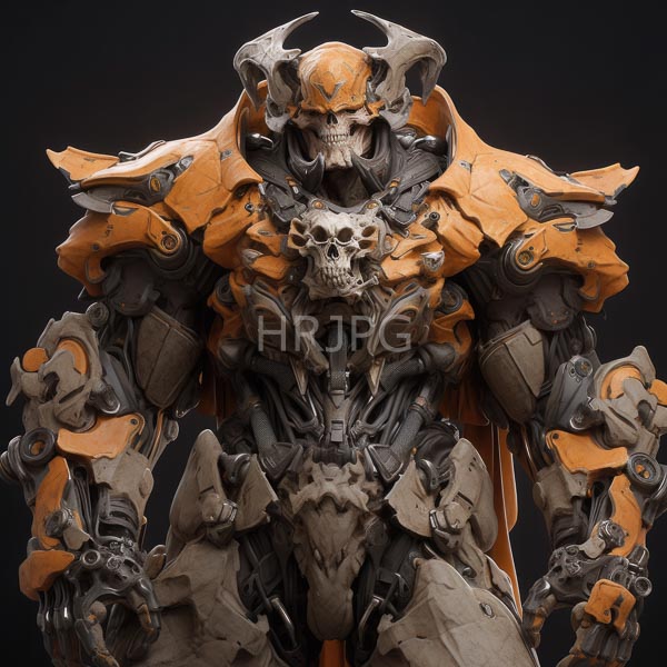 High Resolution: Towering armored humanoid figure skull helmet featuring prominent horns orange and gray color scheme figure's chest plate prominently displays download. | HRJPG.com