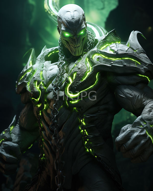 High Resolution: Muscular humanoid skeletal creature glowing green eyes neon green crackling energy lines its armor creature has bald head sharp download. | HRJPG.com