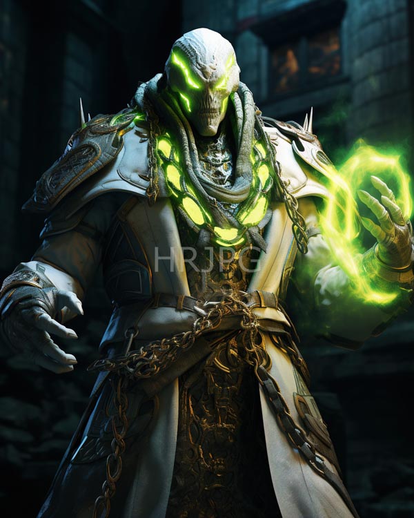 High Resolution: Muscular humanoid skull creature glowing green eyes intricate armor character reptilian face holds green magical energy orb his right download. | HRJPG.com