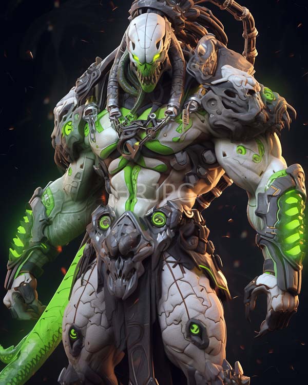 High Resolution: Muscular humanoid alien warrior white skull-like helmet glowing green eyes menacing grin character white and gray armored body green glowing download. | HRJPG.com