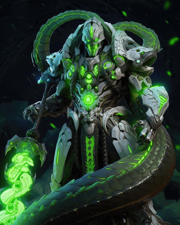High Resolution: Futuristic armored warrior snake-like tail character glowing green eyes intricate armor holds large green-energized sword download. | HRJPG.com