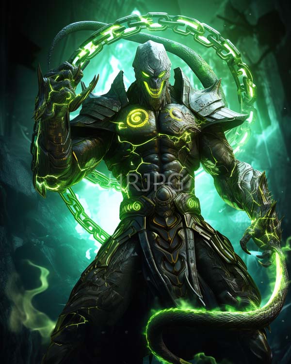 High Resolution: Muscular armored reptilian humanoid glowing green eyes sharp teeth holds glowing green chain neon green energy crackling across his dark download. | HRJPG.com