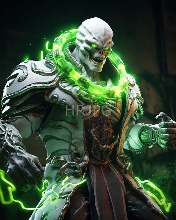 High Resolution: Muscular skeletal humanoid glowing green energy encircling his neck and hands He wears reflective silver armor intricate designs dark download. | HRJPG.com