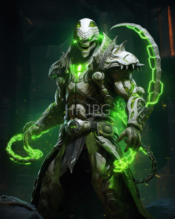 High Resolution: Muscular armored humanoid skeletal glowing green face holding glowing green chains figure wears intricate metallic armor sharp spiked shoulder download. | HRJPG.com