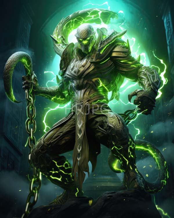 High Resolution: Muscular green-skinned armored demon glowing green eyes menacing horned helmet holds large chain-wrapped staff his left hand has long download. | HRJPG.com