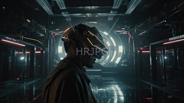 High Resolution: Corridor futuristic dimly-lit corridor metallic walls red neon lighting silhouette person dark skin wearing textured brown cloak large intricate download. | HRJPG.com