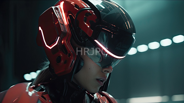High Resolution: Close-up futuristic scene young woman light skin brown hair wearing shiny red black high-tech helmet glowing red lines download. | HRJPG.com