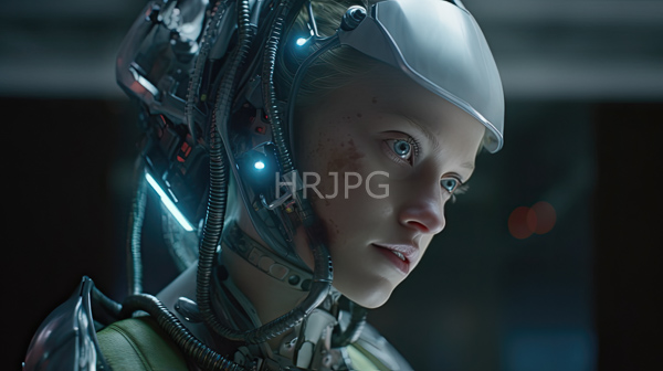 High Resolution: Young Caucasian woman light skin blue eyes wearing futuristic metallic space helmet intricate wiring glowing blue lights She has small download. | HRJPG.com