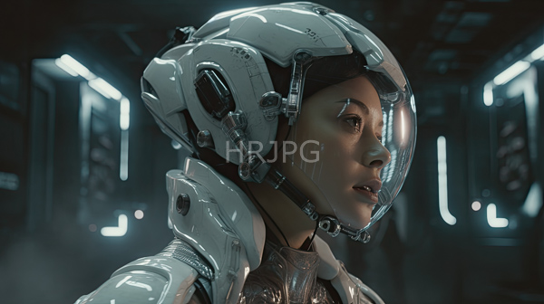 High Resolution: Young woman light brown skin brown eyes wearing futuristic white space helmet clear visor matching white spacesuit She has focused download. | HRJPG.com